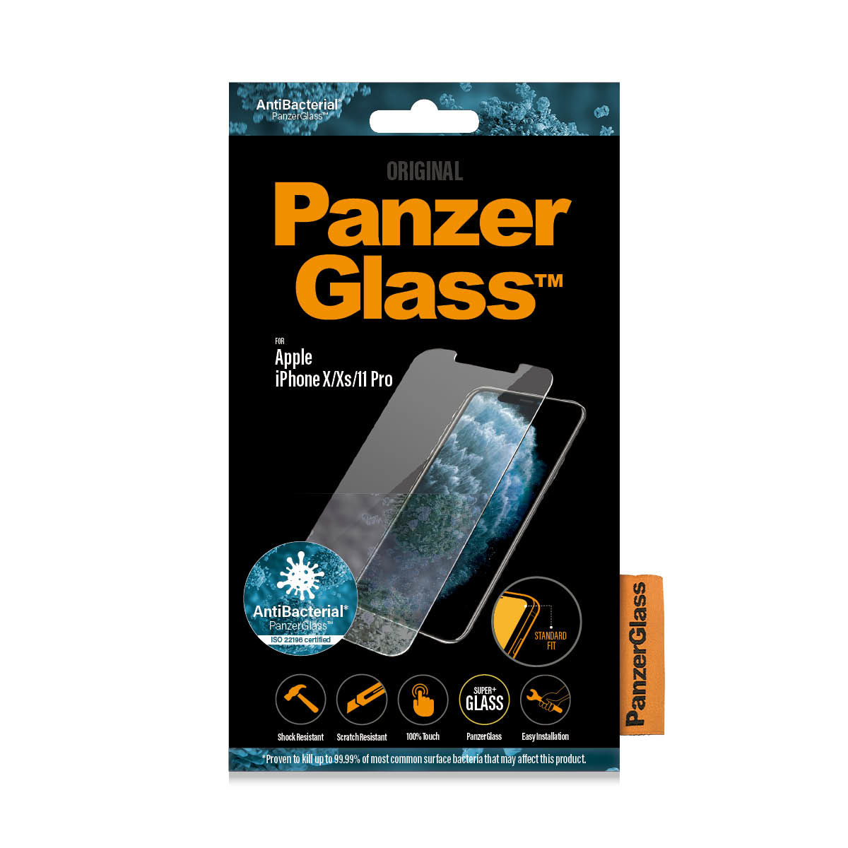Un emballage de protection d'écran montrant une image de téléphone. Le texte inclut 'Panzer Glass' et 'Antibacterial'.