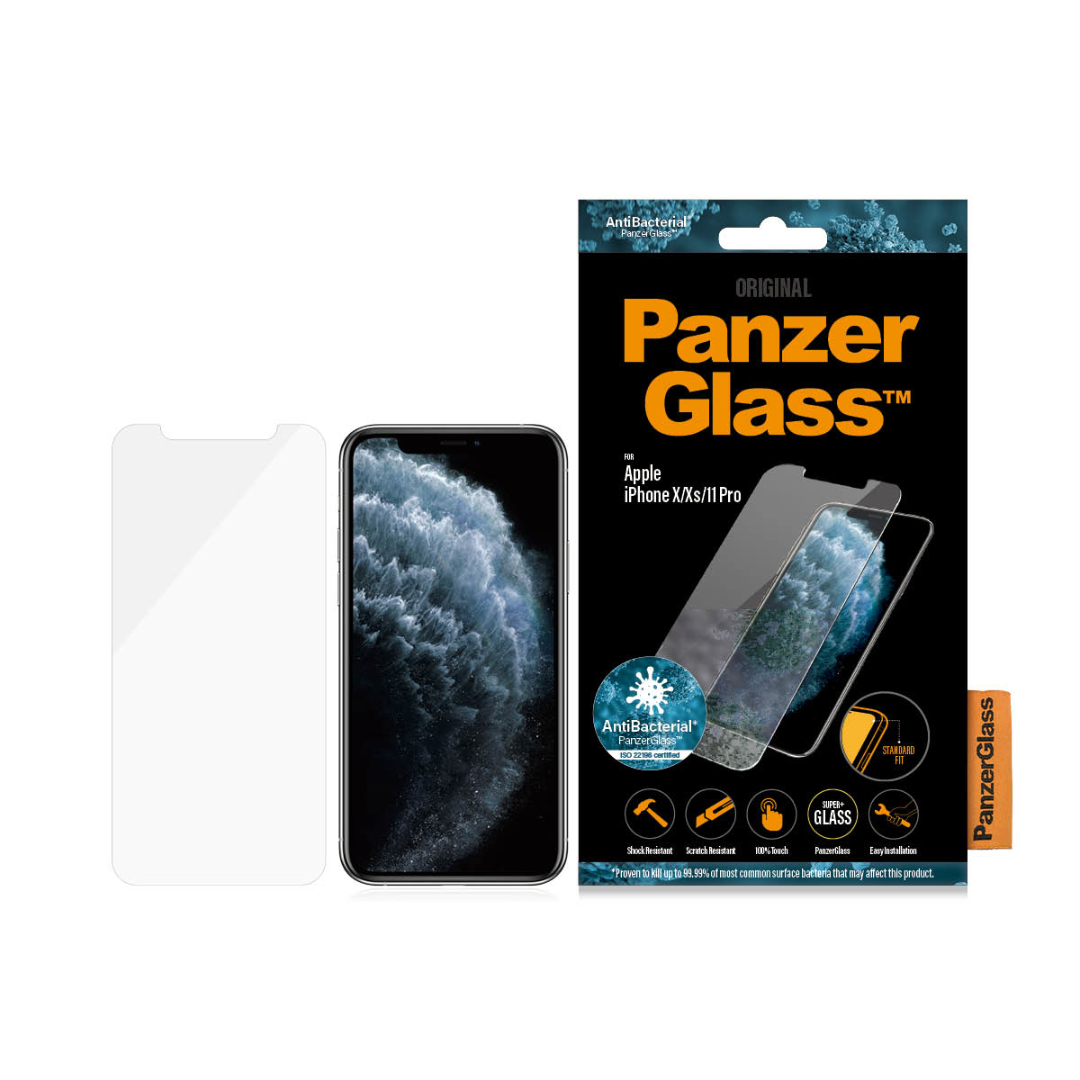 Boîte et téléphone de protection d'écran PanzerGlass pour Apple iPhone X/Xs/11 Pro sur blanc.