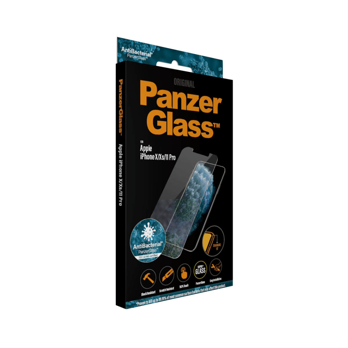 Boîte et protecteur d'écran Panzer Glass. La boîte est noire et blanche, le protecteur est transparent.