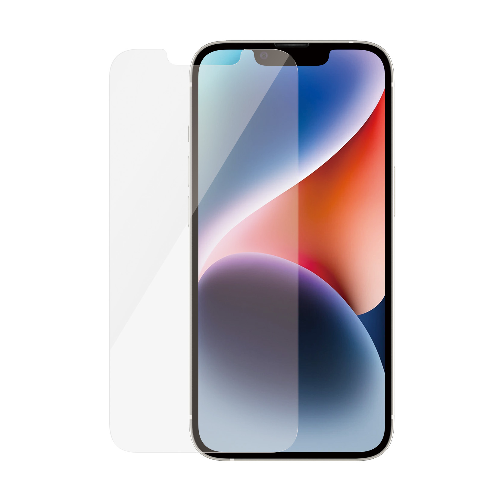 iPhone 14 avec protecteur d'écran appliqué. Le téléphone est argenté et l'écran clair.