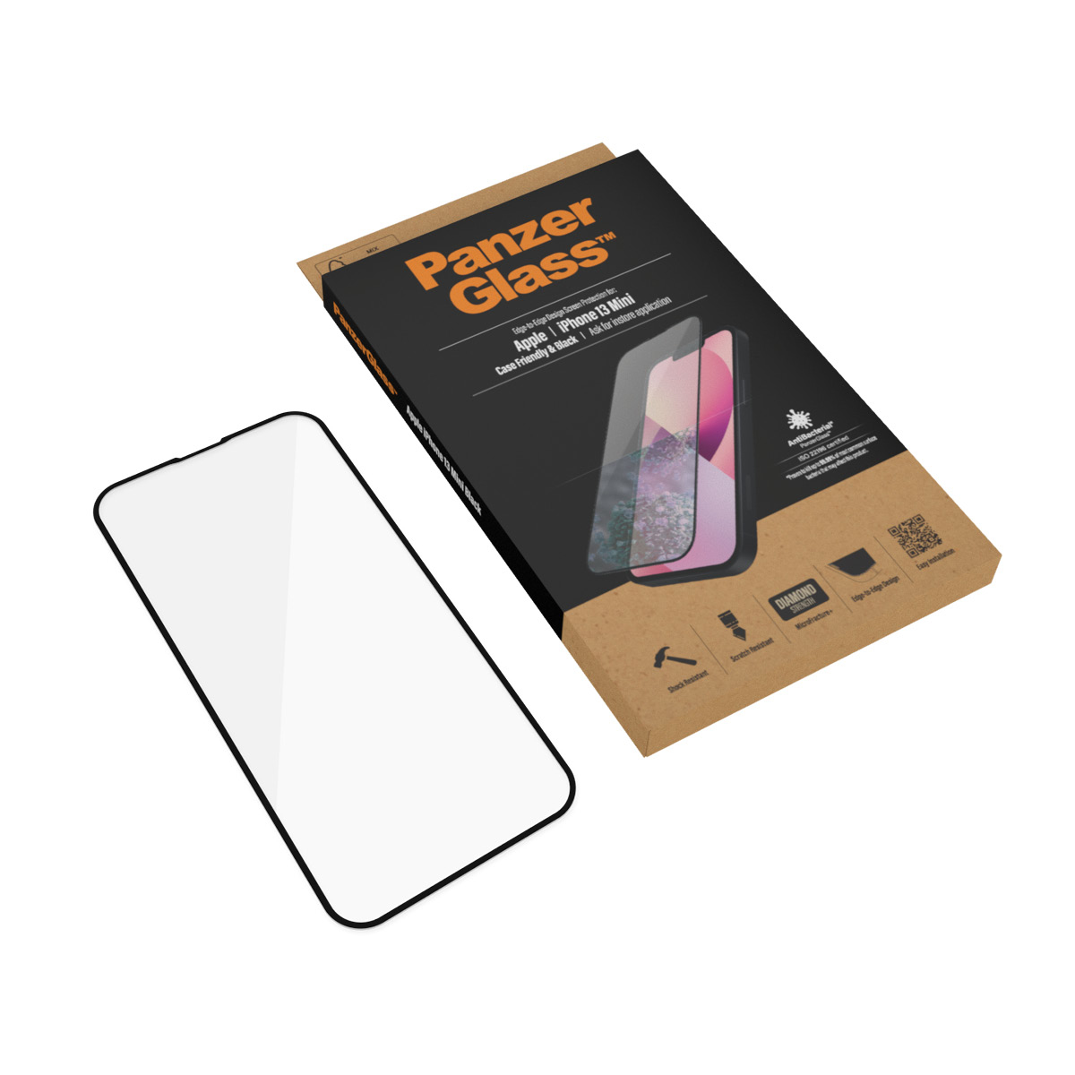 PanzerGlass schermbeschermer doos en protector voor een iPhone. Witte achtergrond.