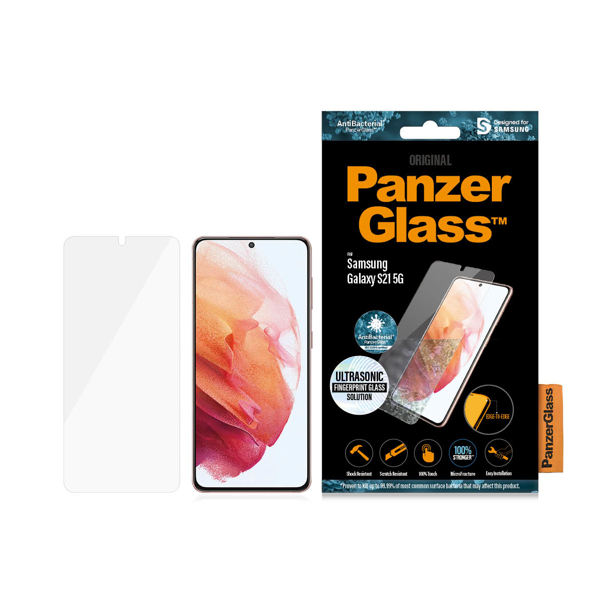 Protecteur d'écran PanzerGlass pour Samsung Galaxy S21 5G. Boîte et protecteur.