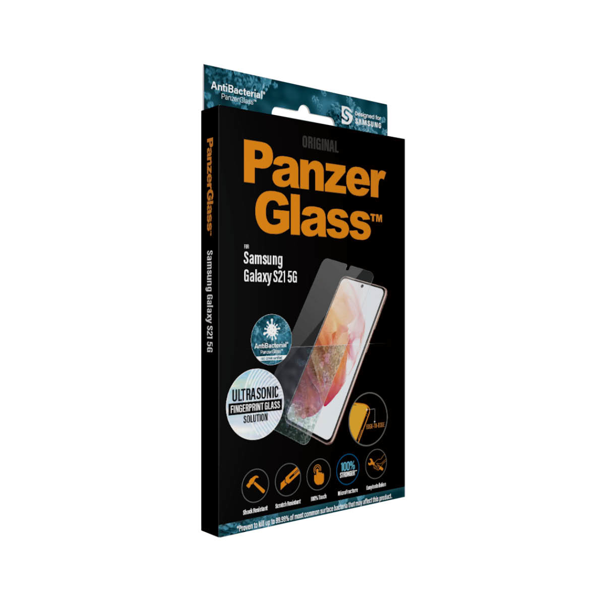 Boîte PanzerGlass avec un téléphone et un protecteur d'écran. Montre le Samsung Galaxy S21 5G. La boîte est noire.
