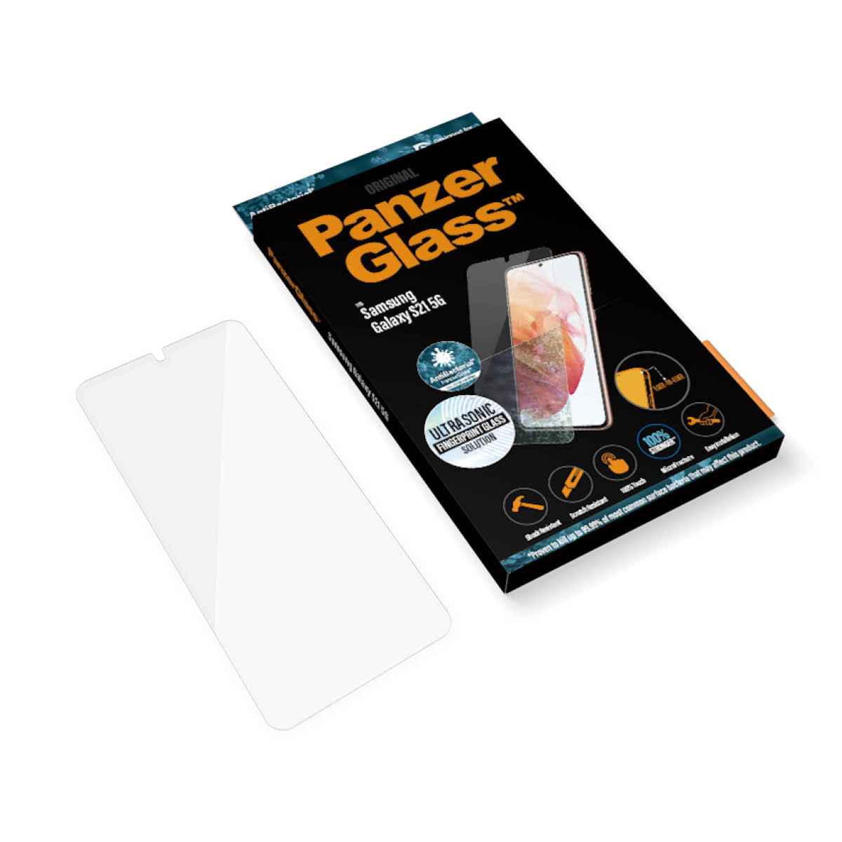 Protecteur d'écran PanzerGlass et boîte pour un Samsung Galaxy S21 5G, avec un fond blanc.
