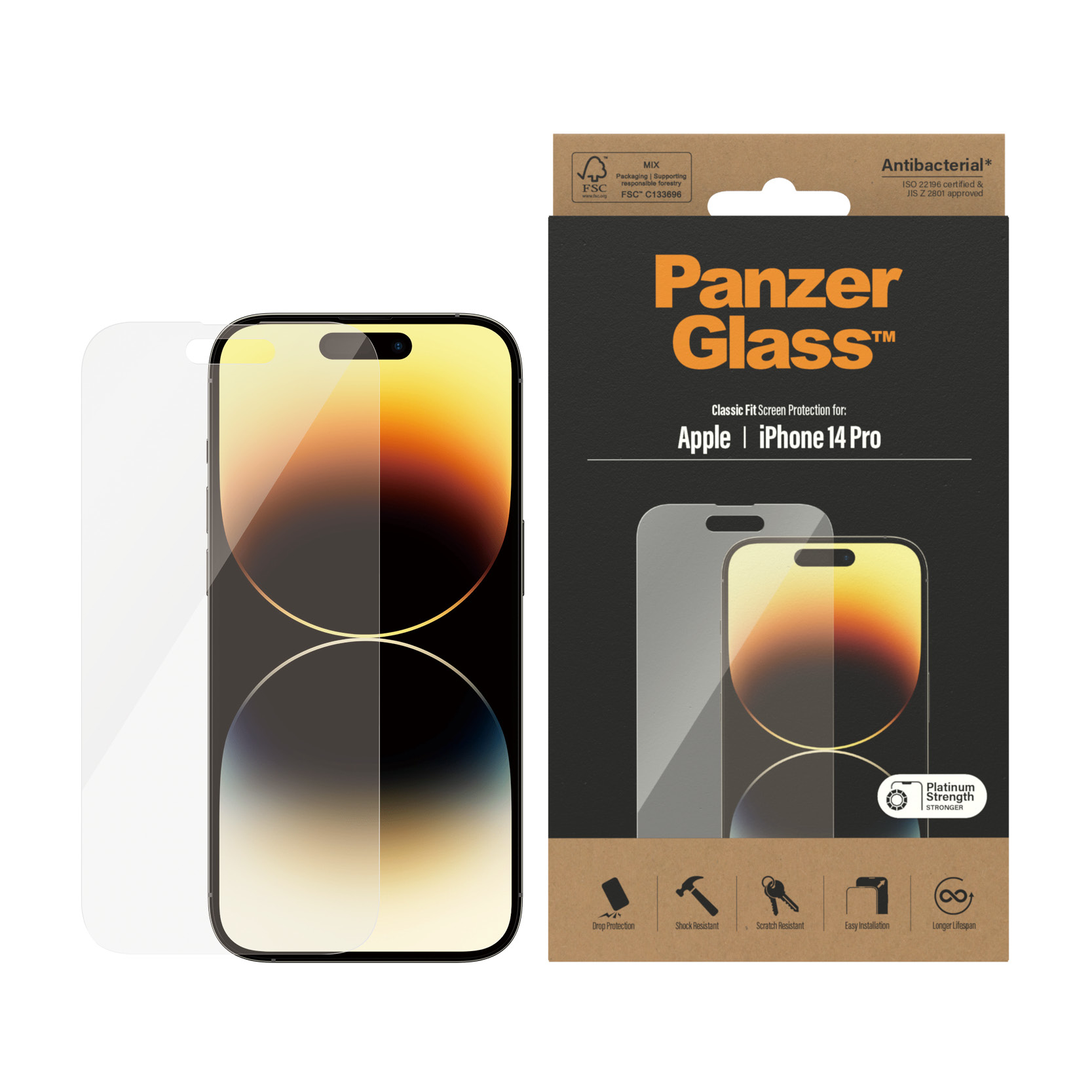Ochraniacz ekranu z obrazem telefonu i telefonem obok. 'Panzer Glass' jest widoczne na pudełku.
