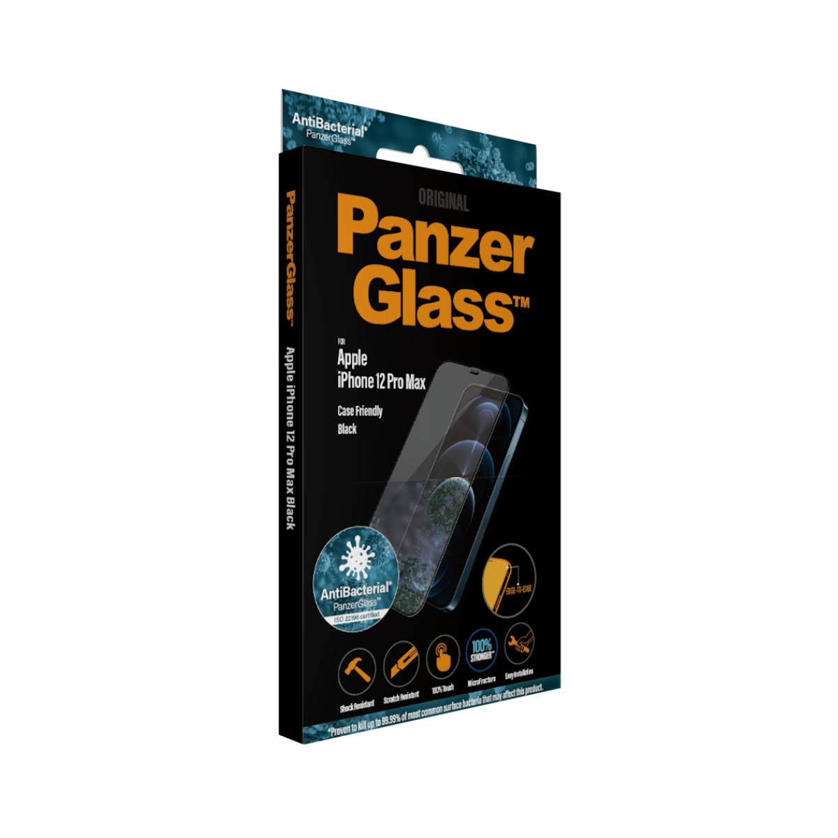 Scatola del proteggi schermo Panzer Glass per Apple iPhone 12 Pro Max. Mostra il prodotto e il telefono.