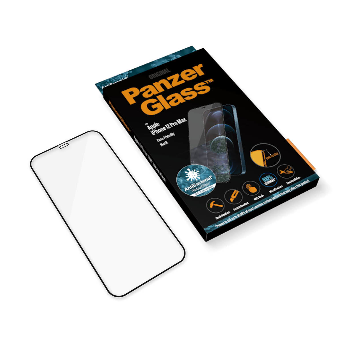Scatola PanzerGlass con telefono e protezione schermo. Mostra iPhone 12 Pro Max. La scatola è nera.