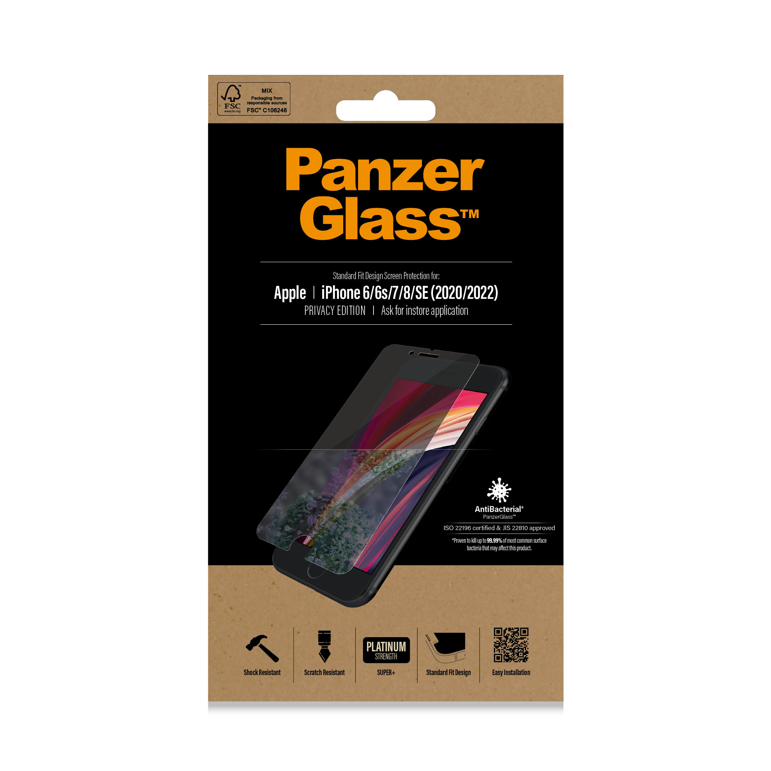 Pudełko Panzer Glass do iPhone 6/6s/7/8/SE (2020/2022), Privacy Edition, z telefonem.