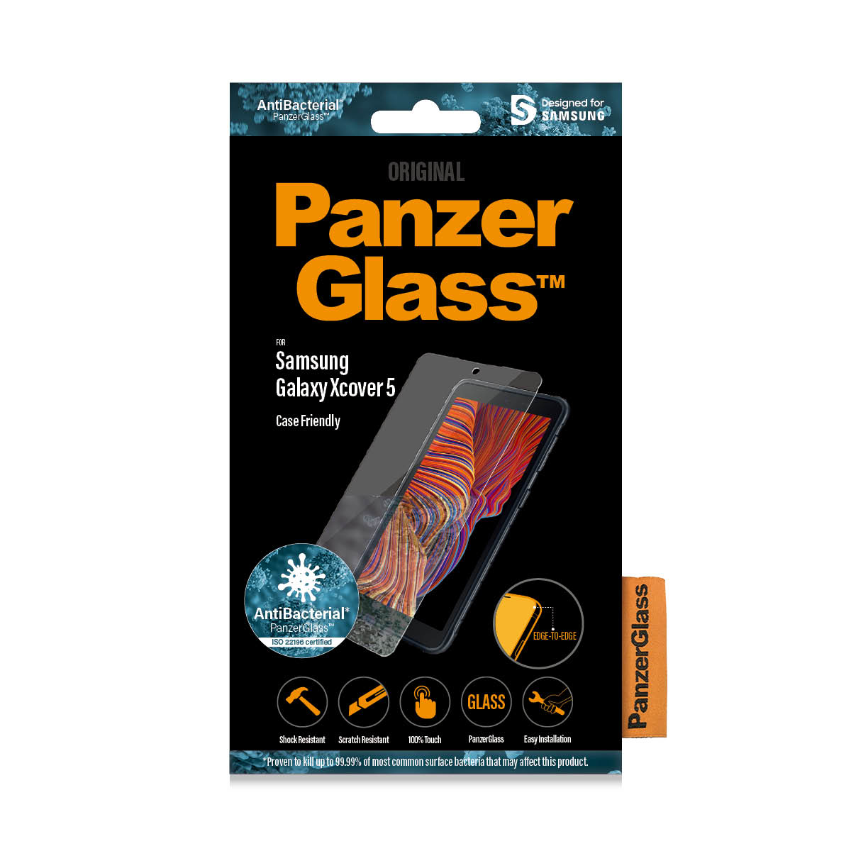 Boîte de protection d'écran PanzerGlass pour Samsung Galaxy Xcover 5, avec image de téléphone.