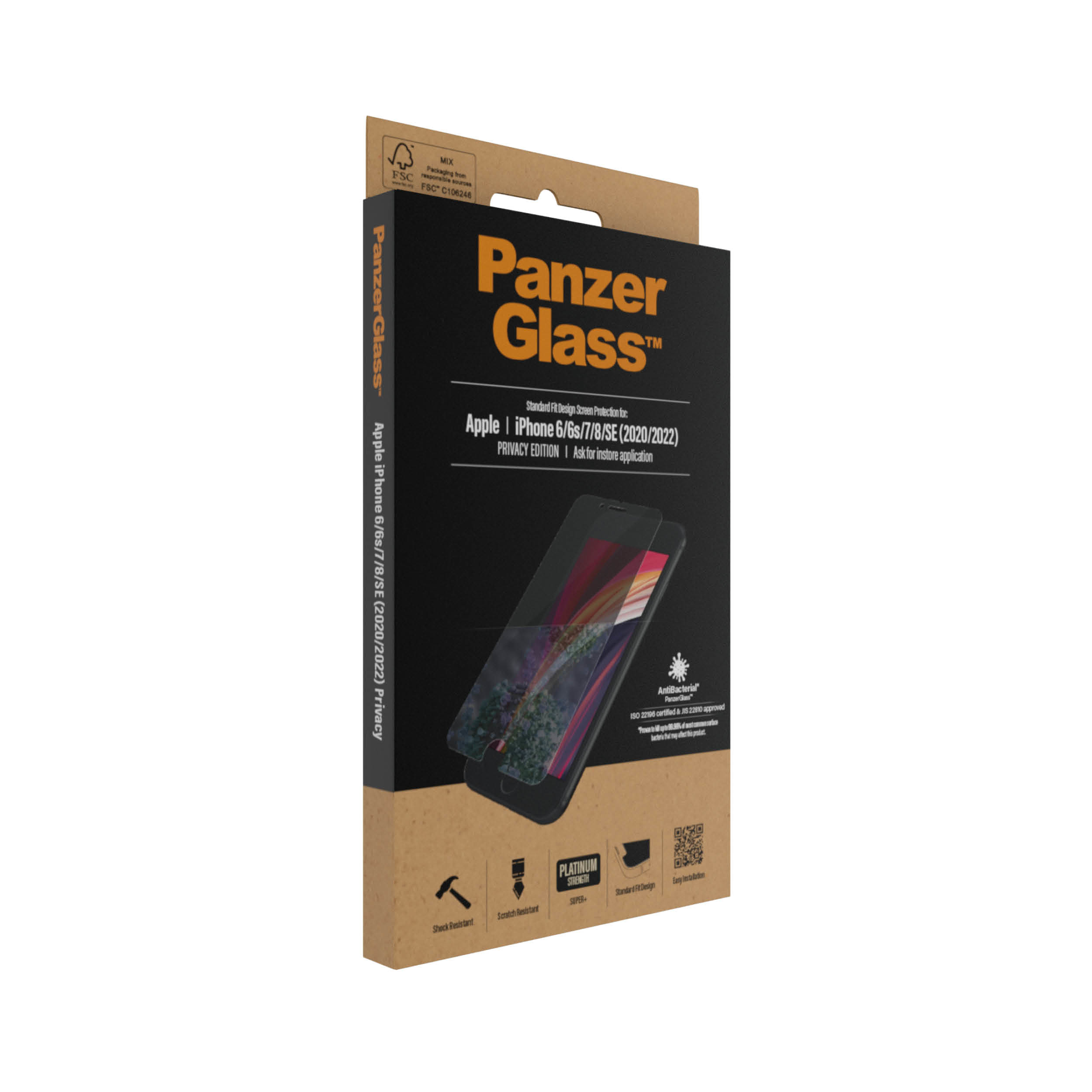 Pudełko z ochroną ekranu PanzerGlass do iPhone'a. Brązowe i czarne. Białe tło.