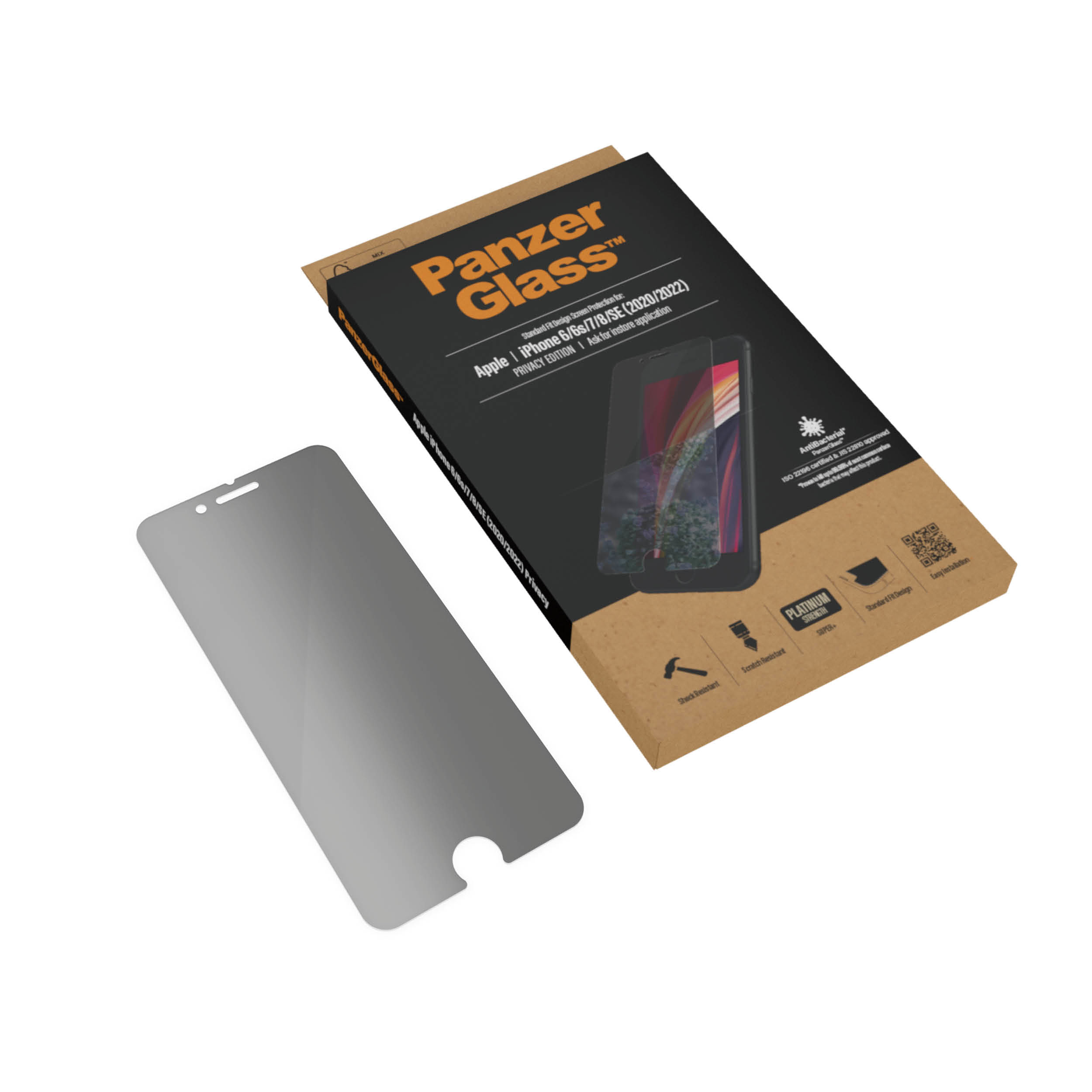 Ochraniacz ekranu PanzerGlass do Apple iPhone 6/7/8/SE (2020/2022). Pudełko i ochraniacz.