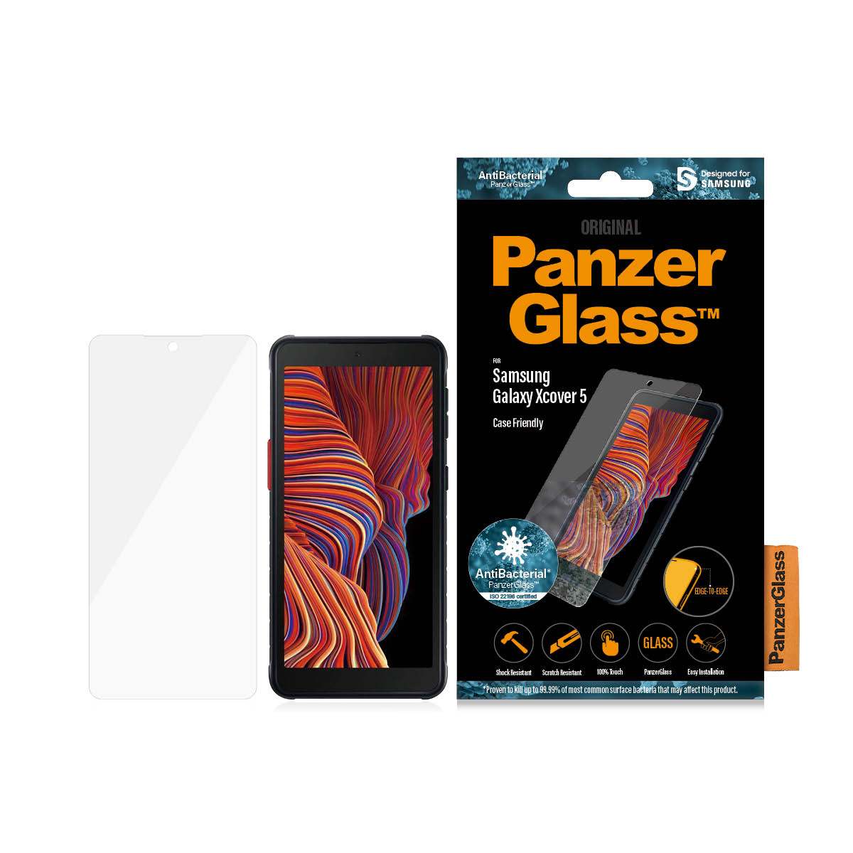 Boîte PanzerGlass, téléphone et protecteur d'écran. Montre un Samsung Galaxy Xcover 5. La boîte est noire.