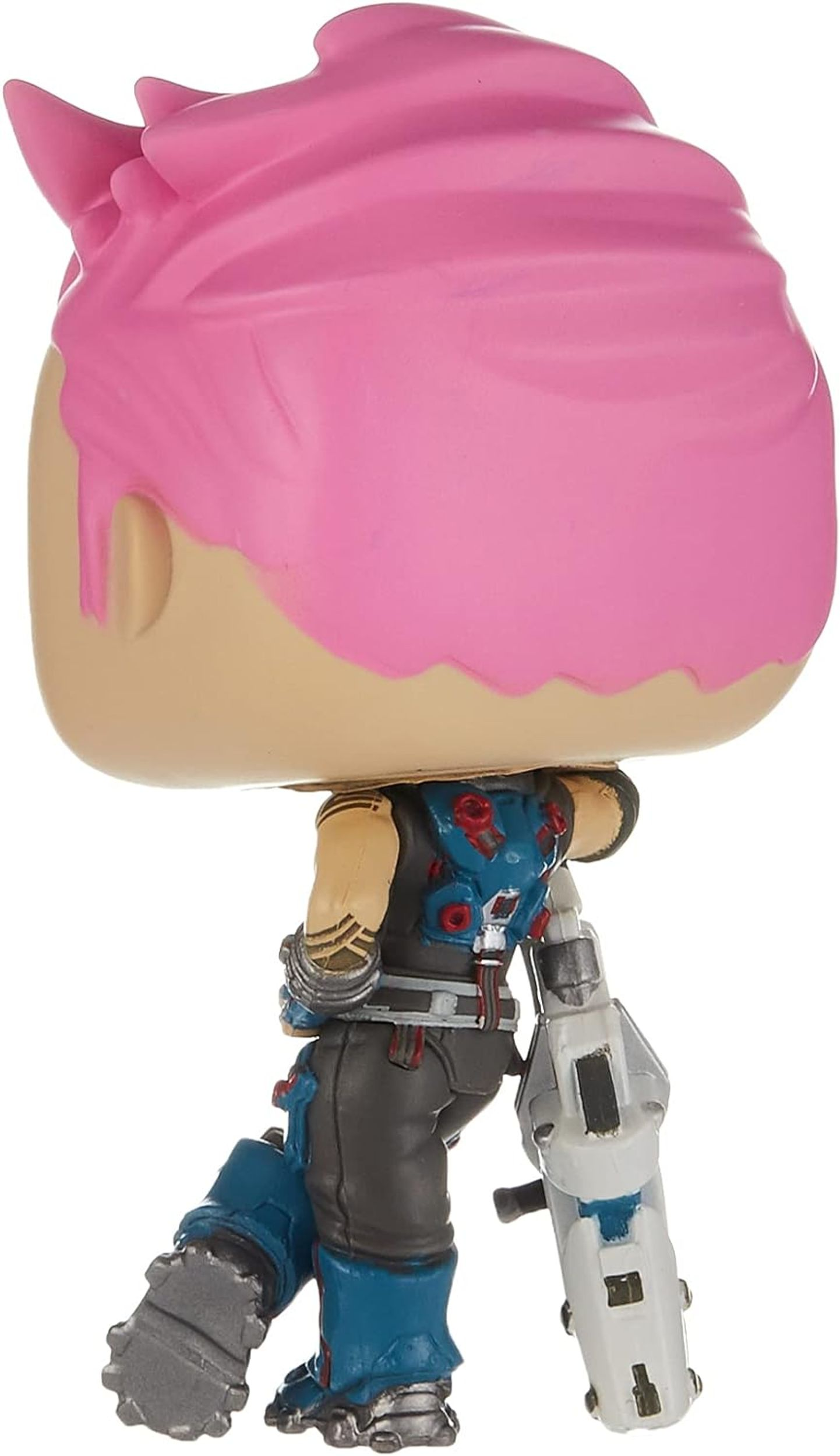 Una figura Funko Pop di un personaggio femminile con capelli rosa, armatura blu e nera.