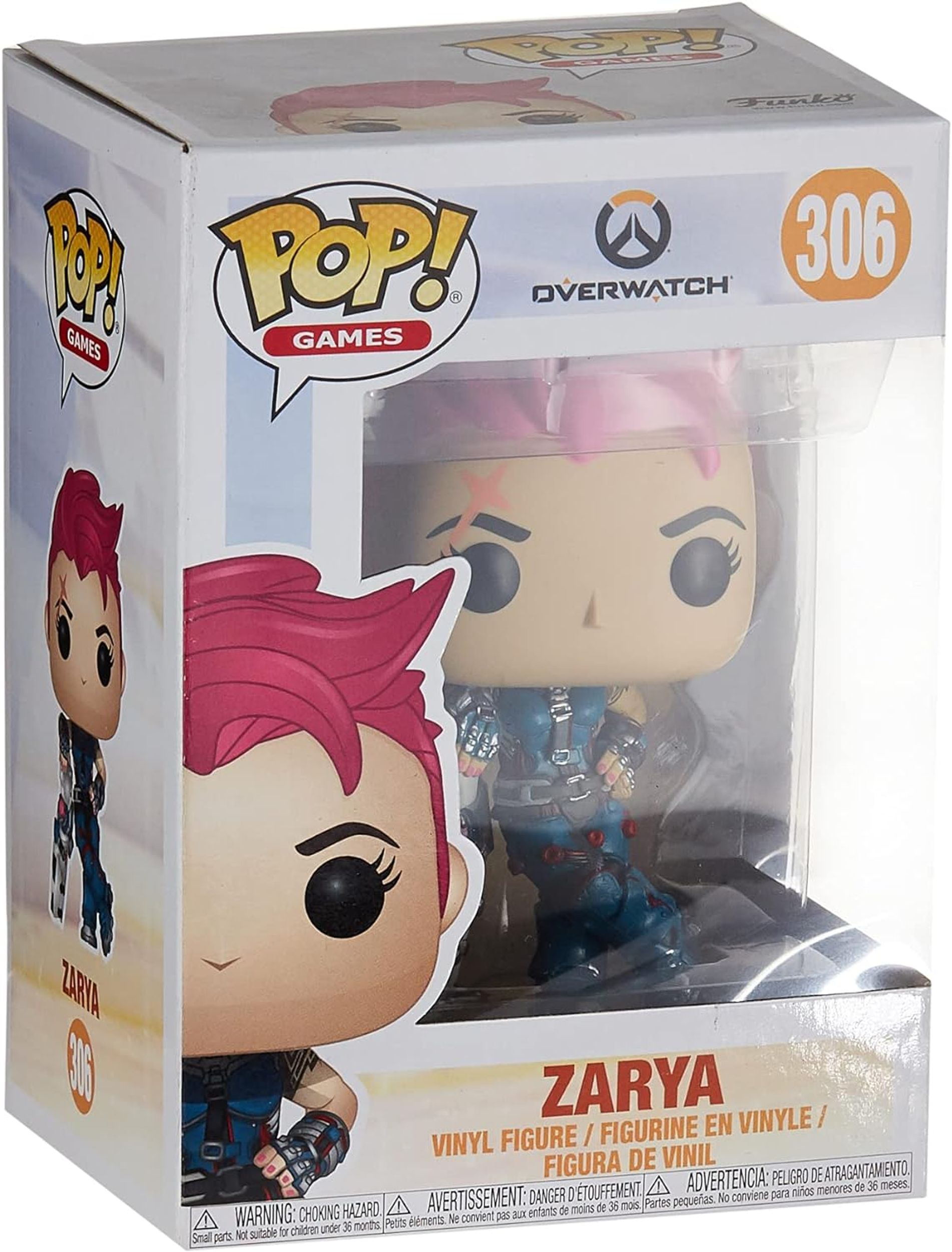 Figura Funko Pop in una scatola. Zarya di Overwatch, una donna con i capelli rosa.