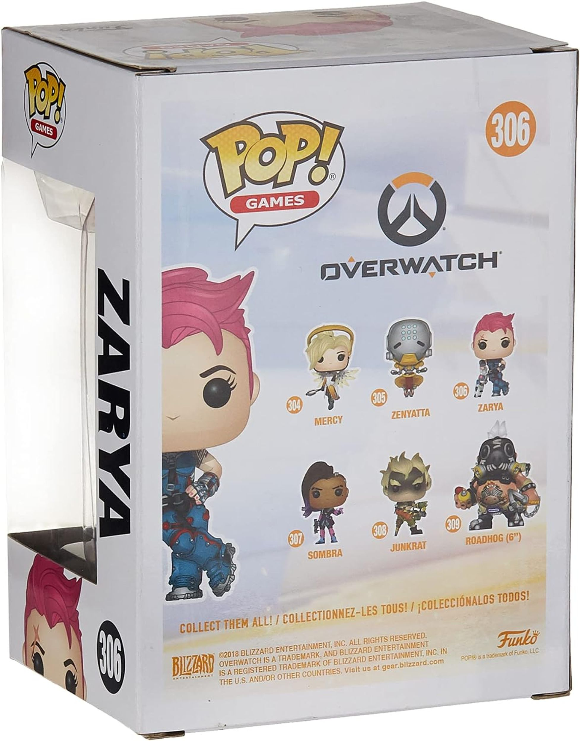 Il retro di una scatola Funko Pop di Zarya di Overwatch con immagini dei personaggi.