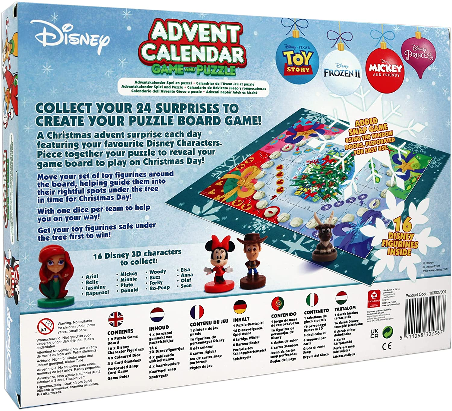 Ein Disney Adventskalender mit Figuren aus Toy Story, Frozen, Micky und seinen Freunden und Disney Princess.