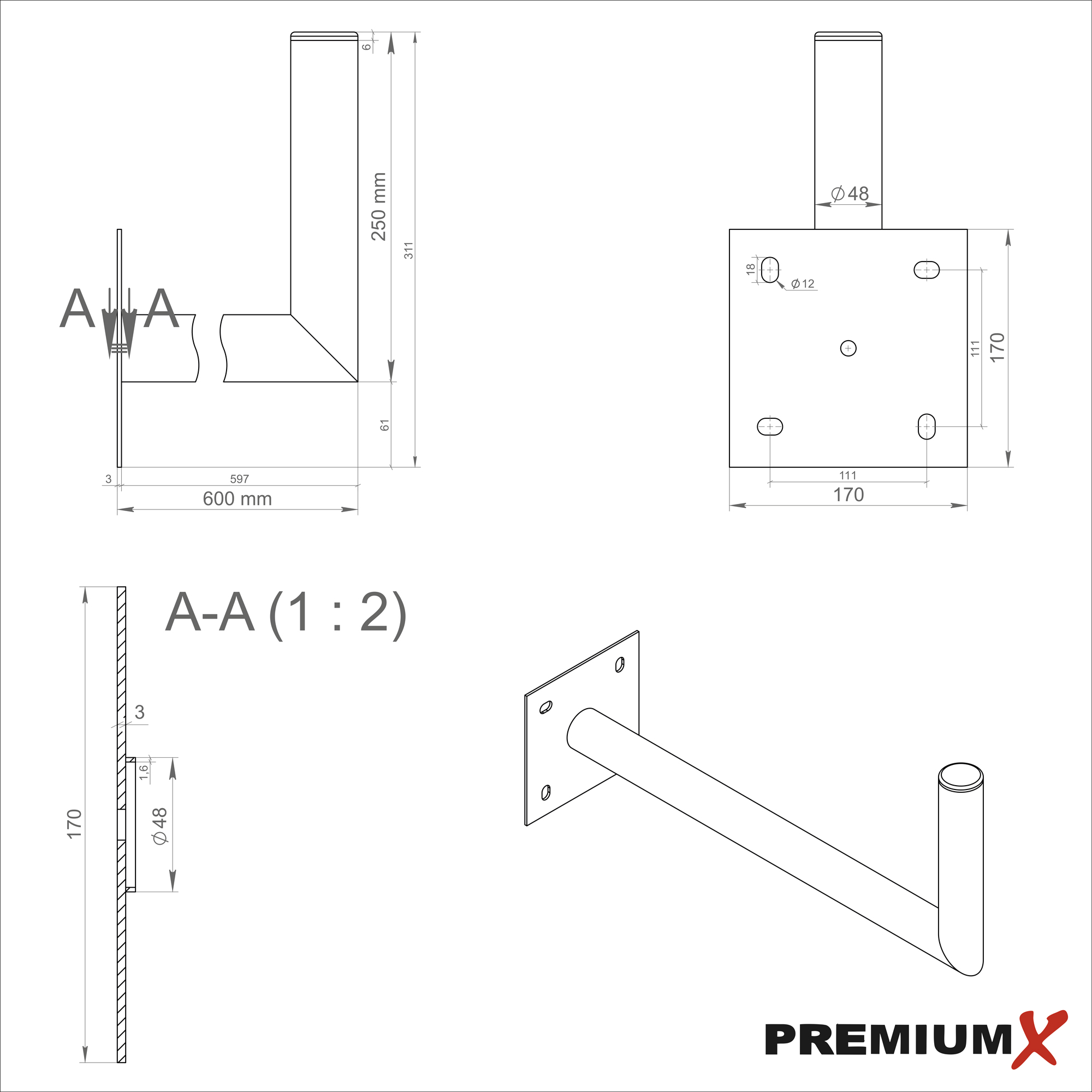 PREMIUMX 60cm Wandhalterung verzinkt 48mm SAT-Wandhalterung, Ø Silber Schrauben Stahl SAT Antenne
