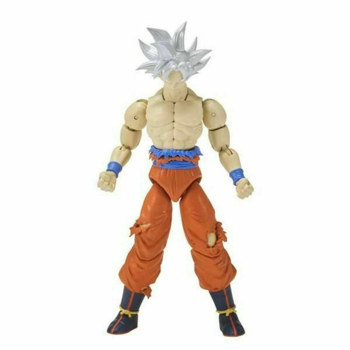 Goku-Actionfigur in Ultra Instinct-Form. Er trägt orangefarbene Hose, blauen Gürtel, silberne Haare.