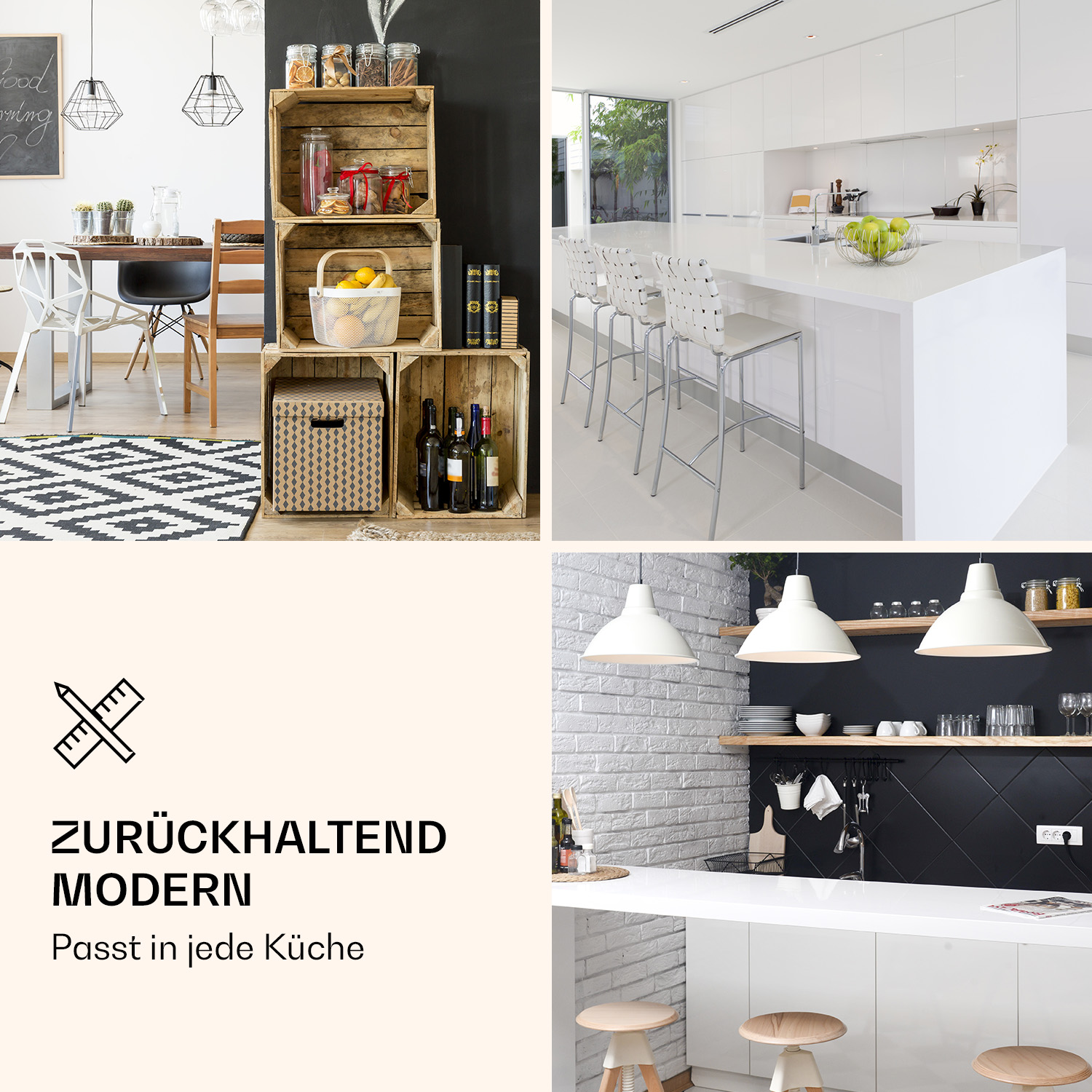 Un collage de escenas de cocina. Incluye un comedor, una cocina moderna con gabinetes blancos.
