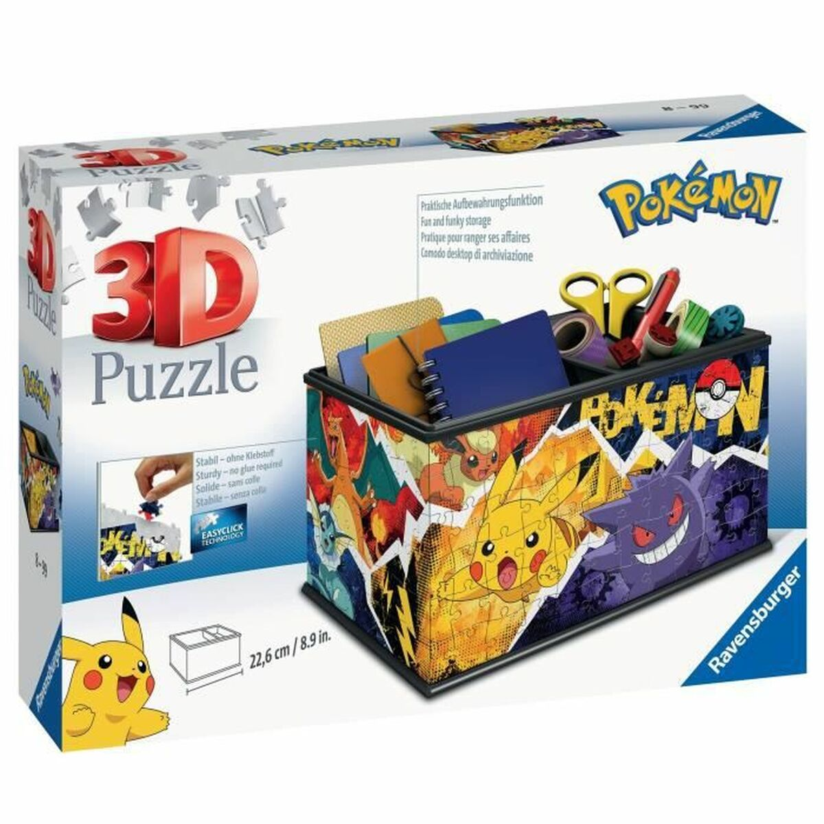 Pudełko do przechowywania puzzli 3D z postaciami Pokemon, białe tło.