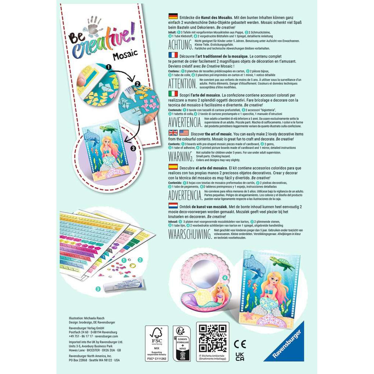 Ein Flyer mit Bildern eines Mosaikprojekts. Text und Illustrationen über das Projekt sind enthalten.