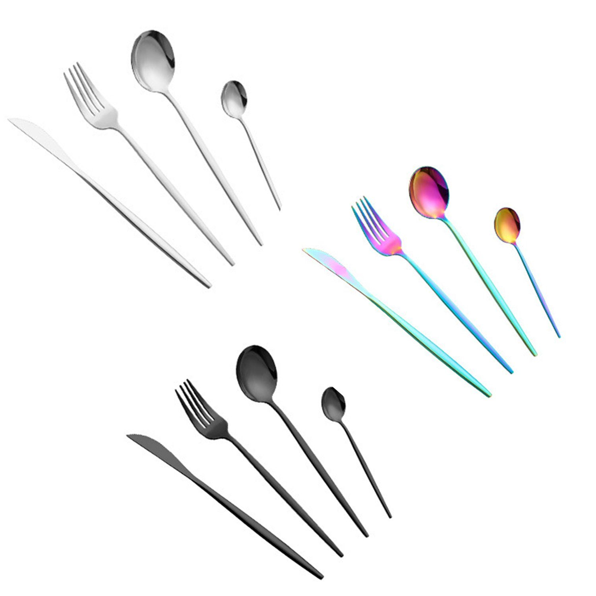 Drei Sets aus Besteck: Messer, Gabel, Löffel und kleiner Löffel, in Silber, Regenbogen und Schwarz.