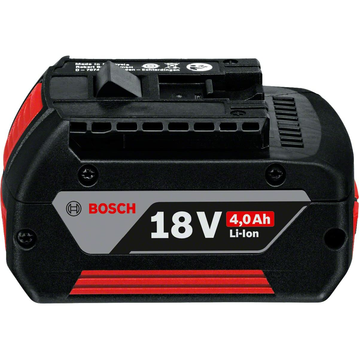 Batteria Bosch 18V 4.0Ah nera e rossa, con testo sopra.