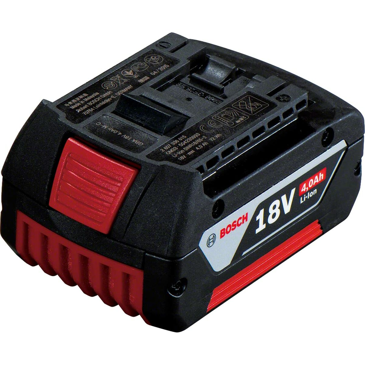 Batteria Bosch 18V Li-ion nera e rossa.
