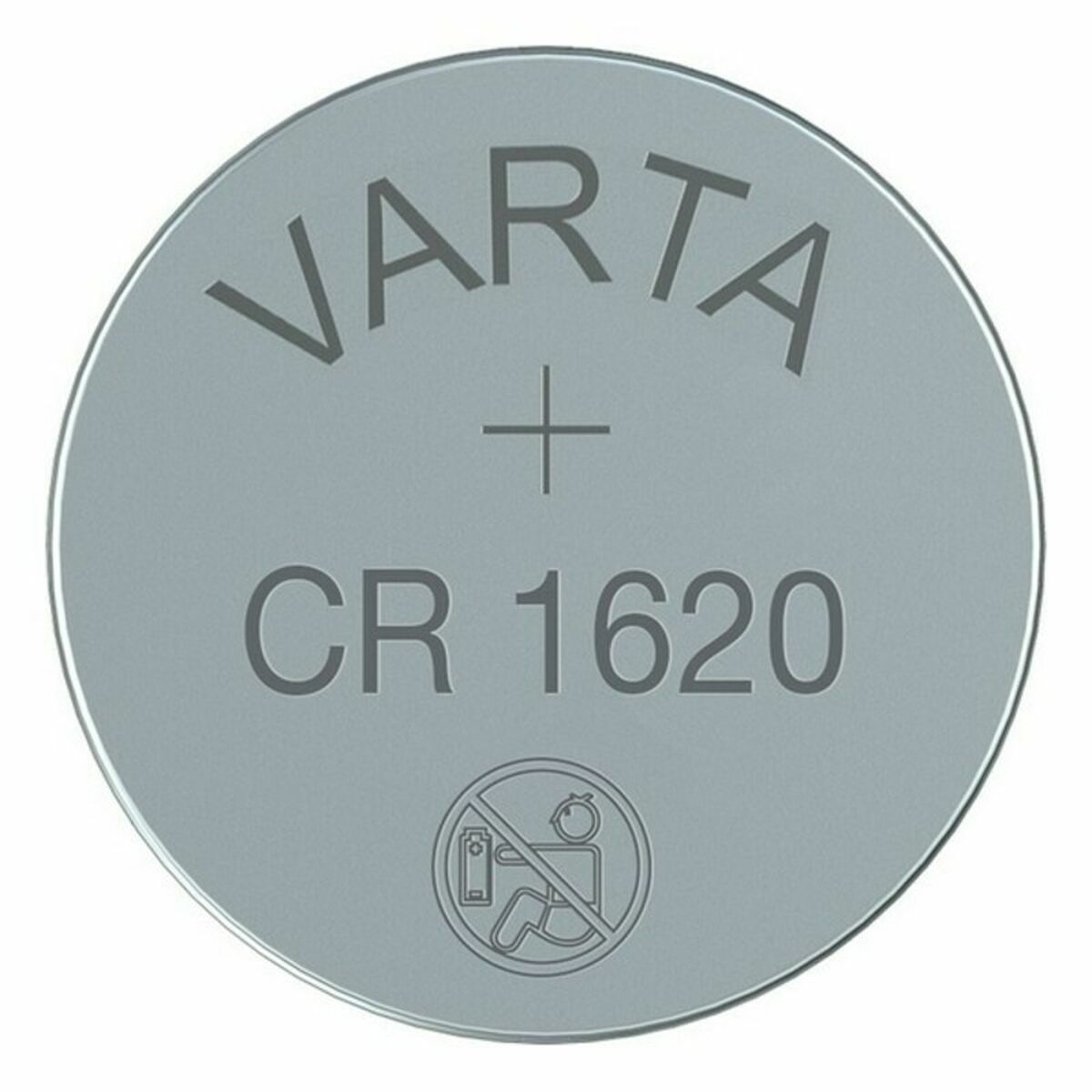 A silver Varta CR 1620 battery with text and a no use by children symbol.