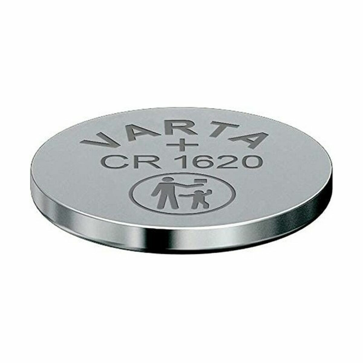 A silver round battery with the word VARTA and CR 1620 on it.