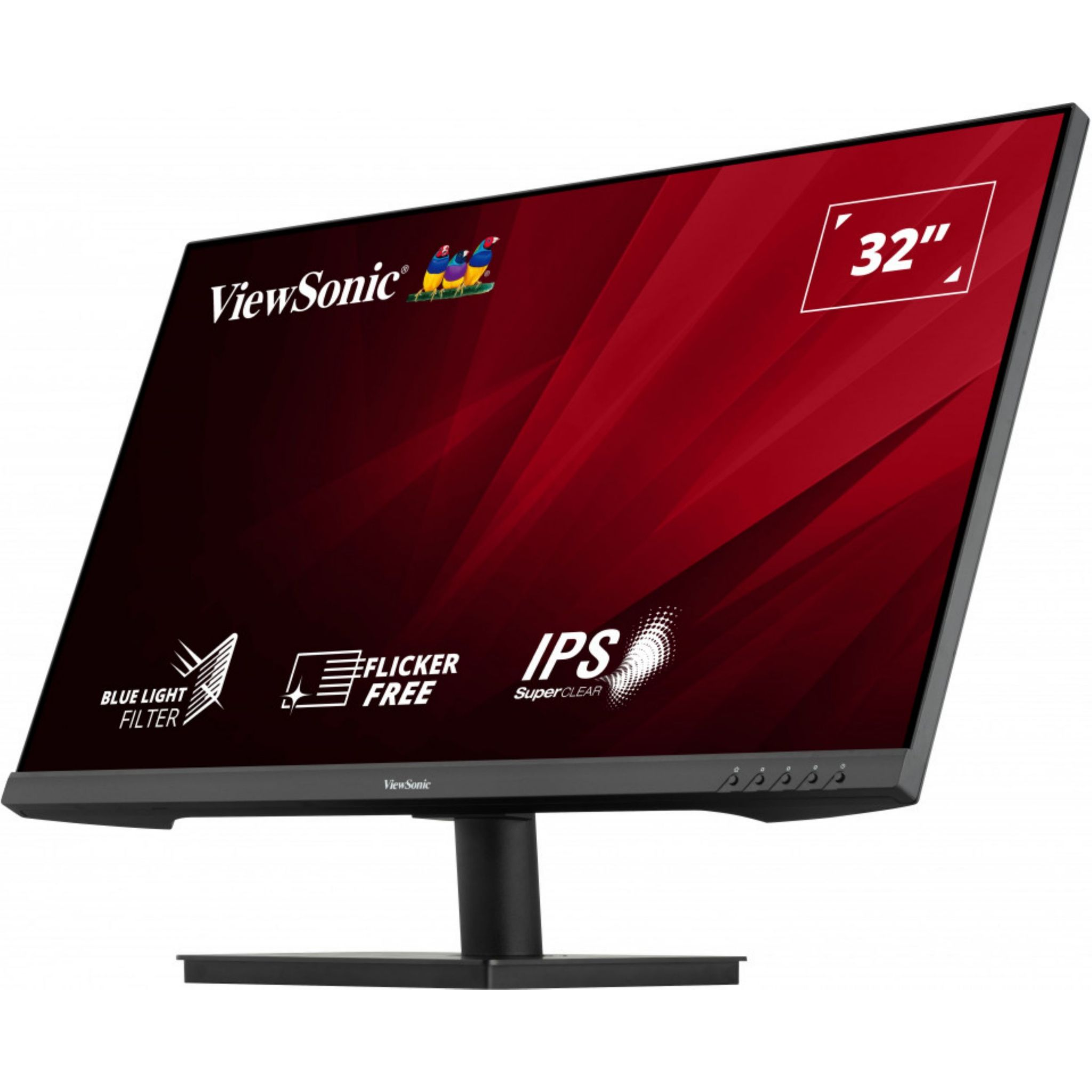 Monitor ViewSonic 32" z czarną ramką. Tekst na ekranie mówi IPS i Flicker Free.