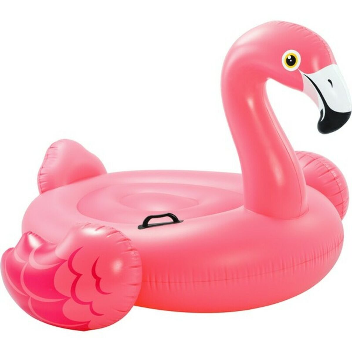 Rosa aufblasbarer Flamingo-Pool-Schwimmer auf weißem Hintergrund.
