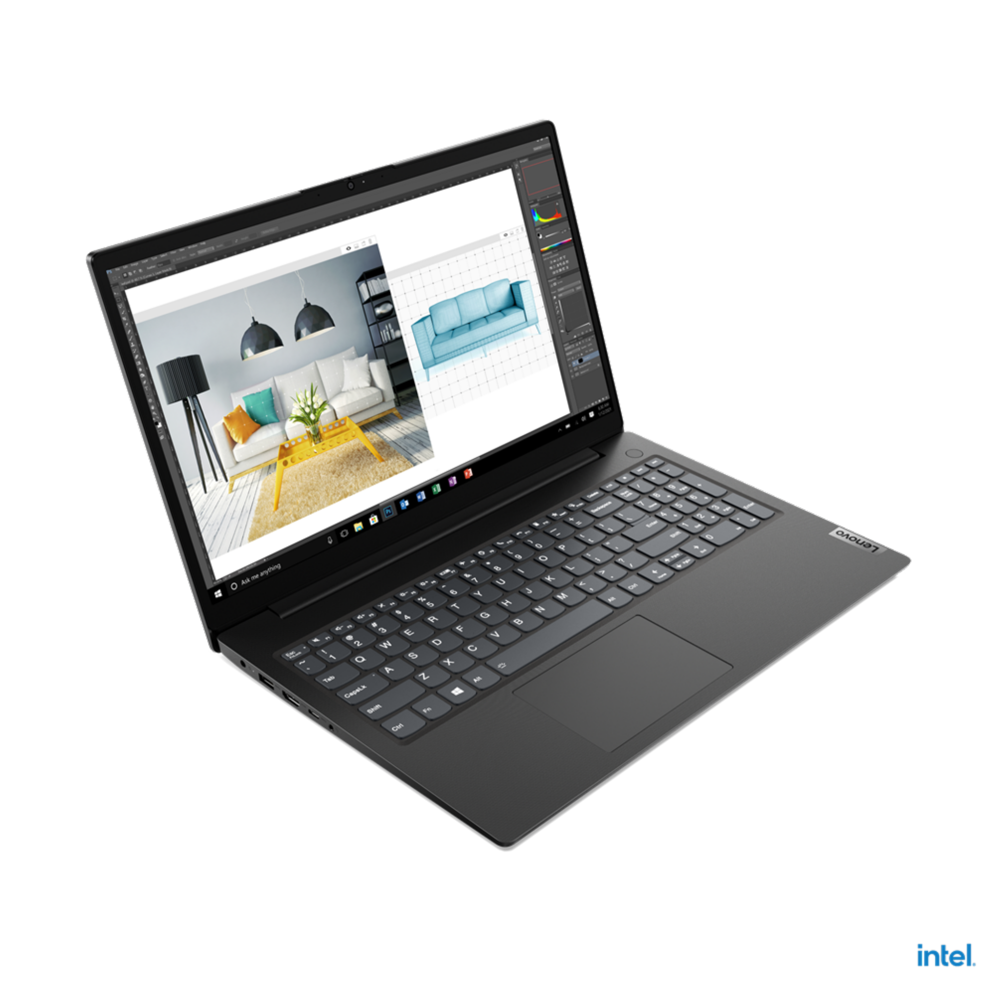 Czarny laptop Lenovo. Otwarty, pokazuje program do projektowania. Klawiatura widoczna. Logo Intel.