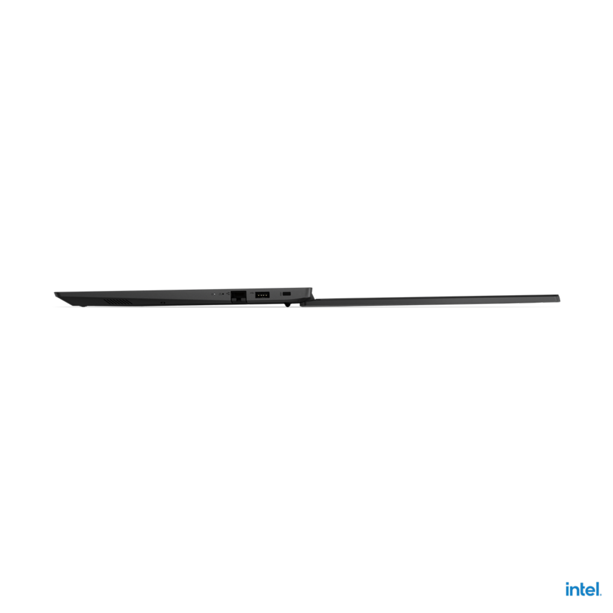 Czarny laptop pokazany z boku, z otwartym ekranem. Logo Intel w prawym dolnym rogu.