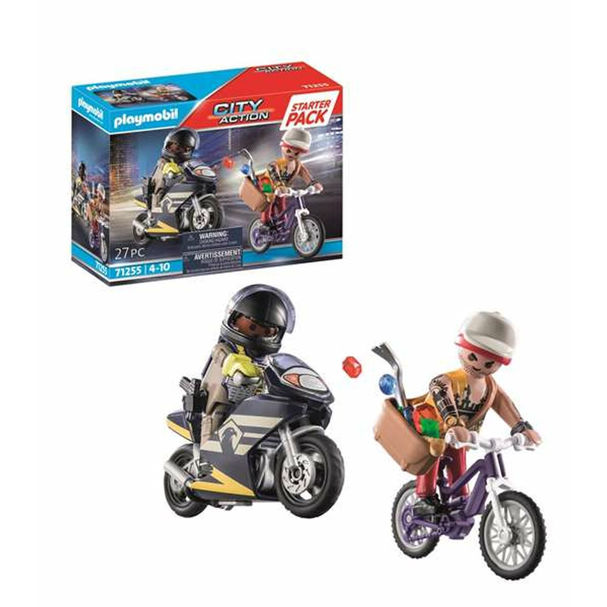 Playmobil-Set mit Figuren auf Motorrädern und einer Box auf weißem Hintergrund.