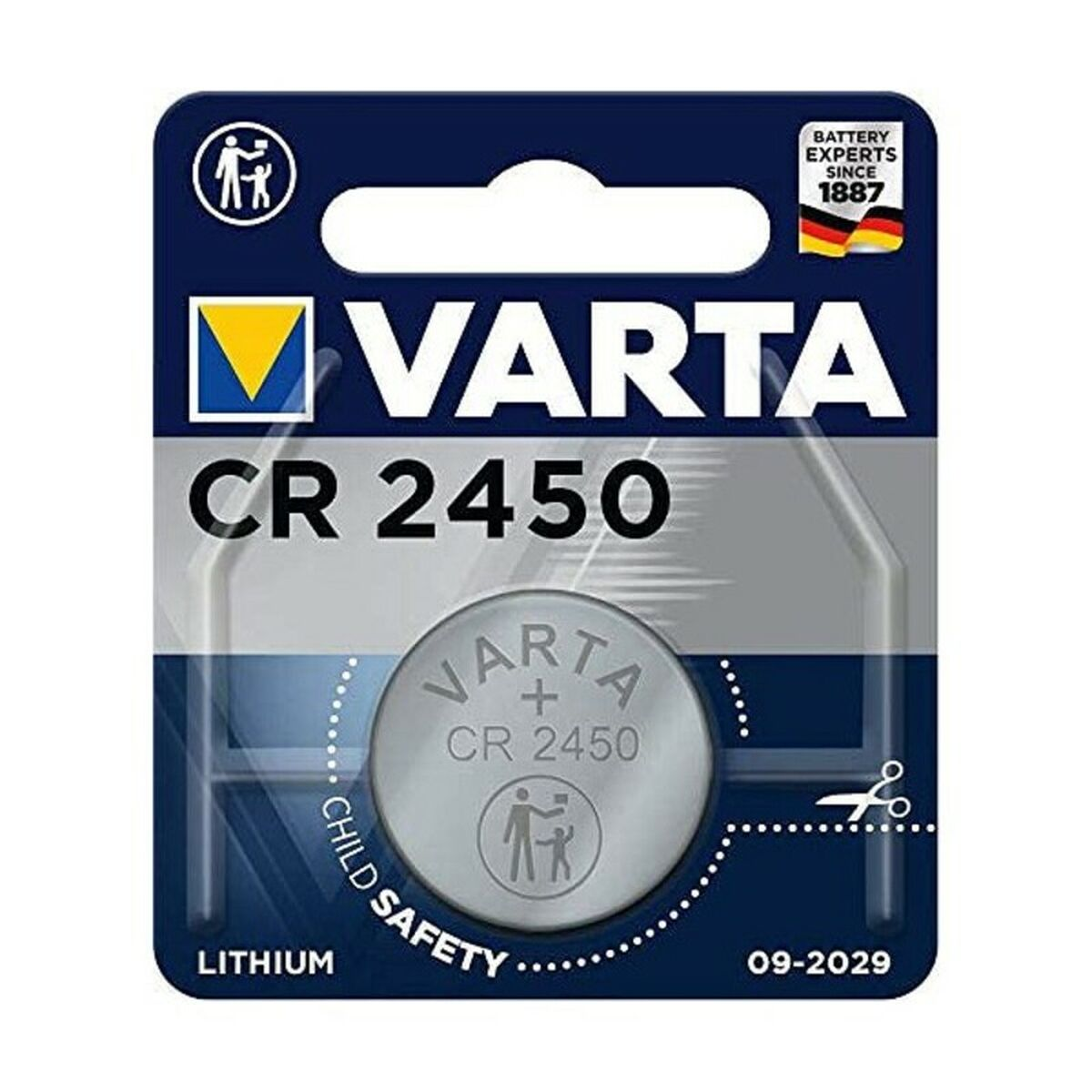 Een Varta CR 2450 batterijverpakking met kinderbeveiliging en een schaaricoon.