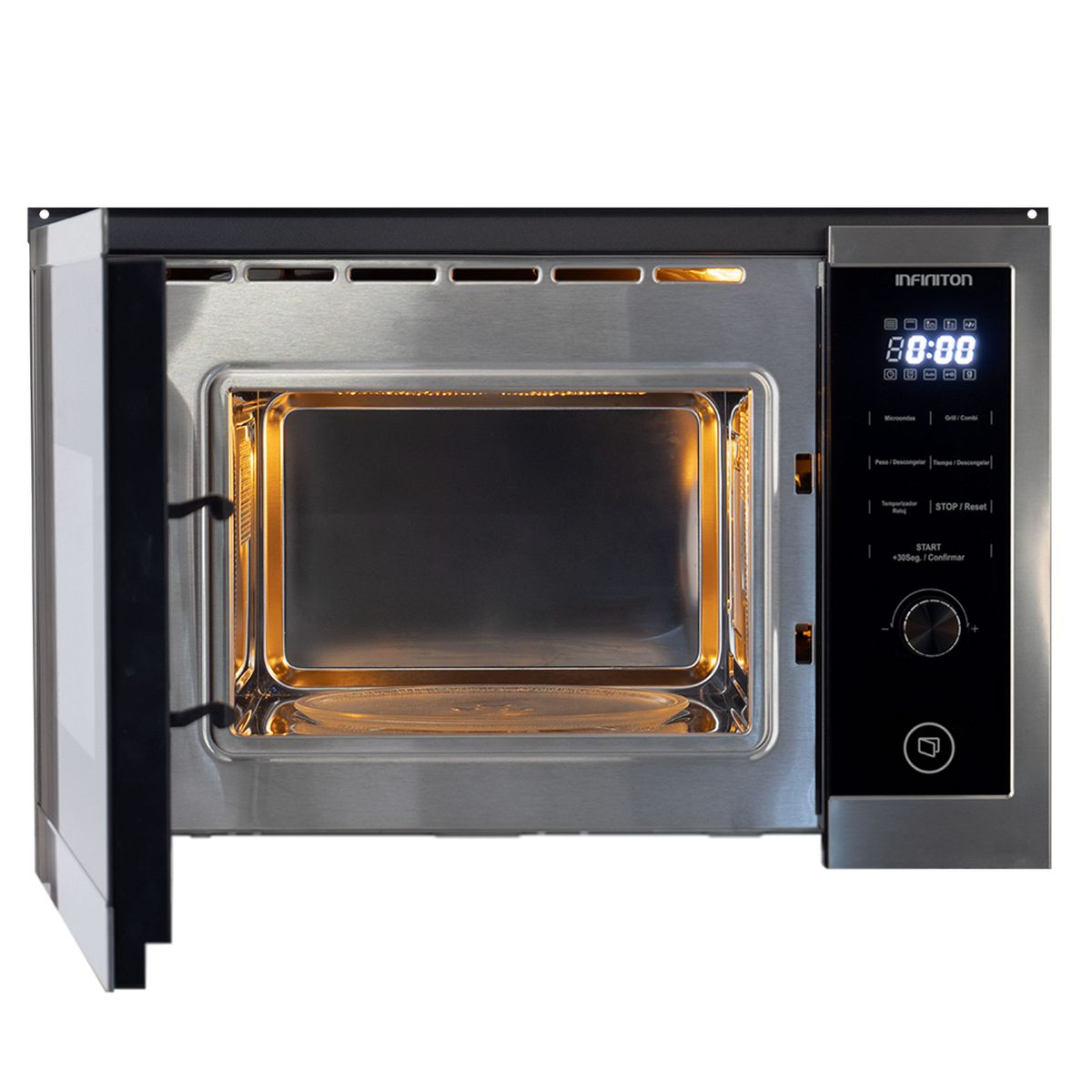 Horno microondas de acero inoxidable, puerta abierta, luz encendida. Pantalla digital muestra la hora. Panel de control negro.