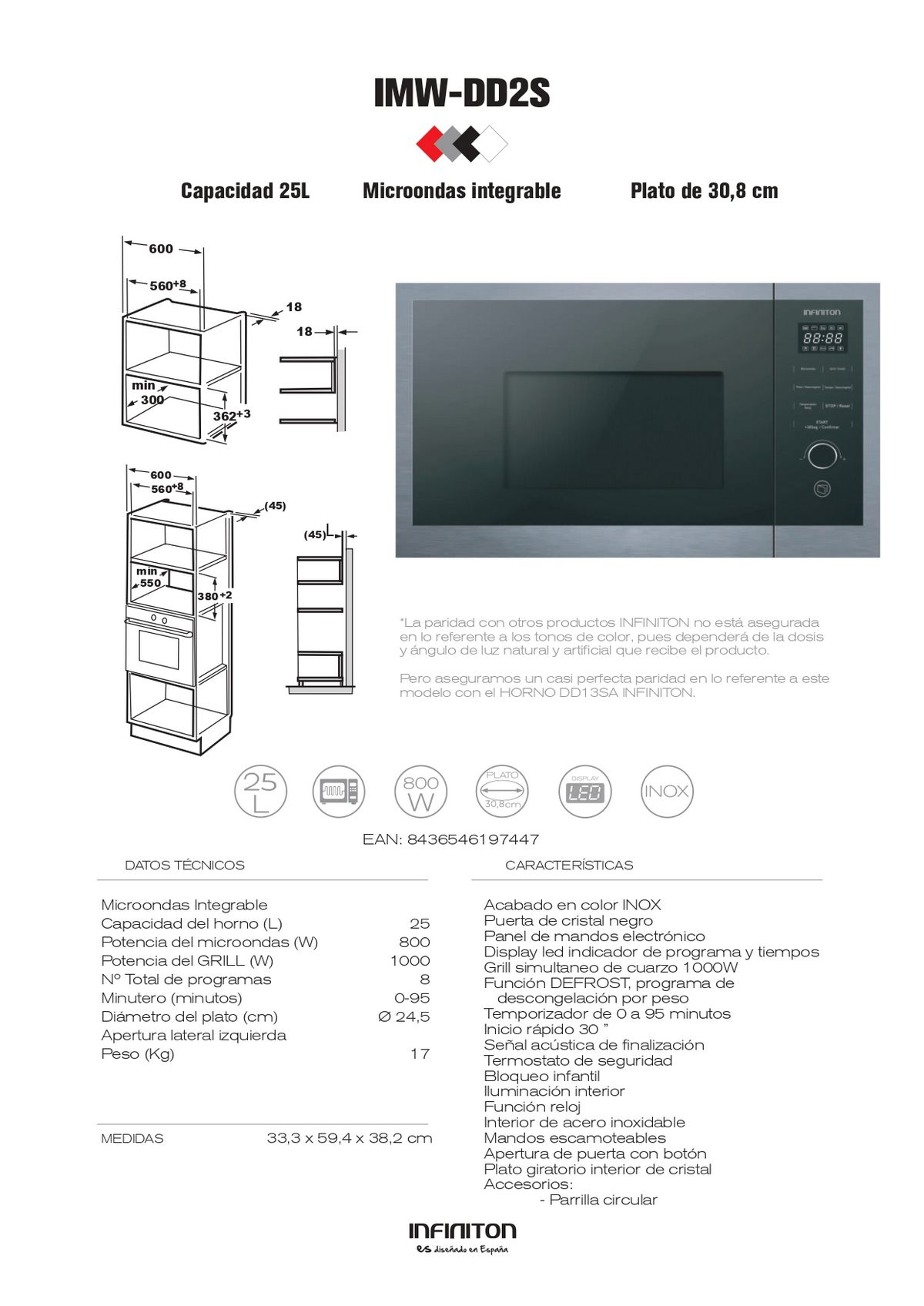 Diagrama de un horno microondas integrado con dimensiones y características, incluida una capacidad de 25L.