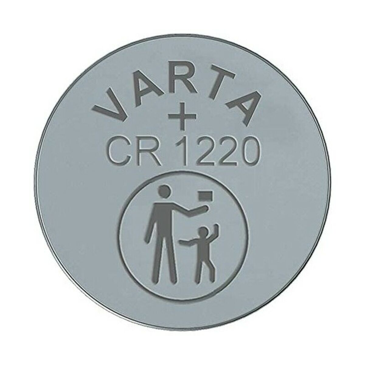 Silver Varta battery with CR 1220 written on it. A symbol of recycling is present.