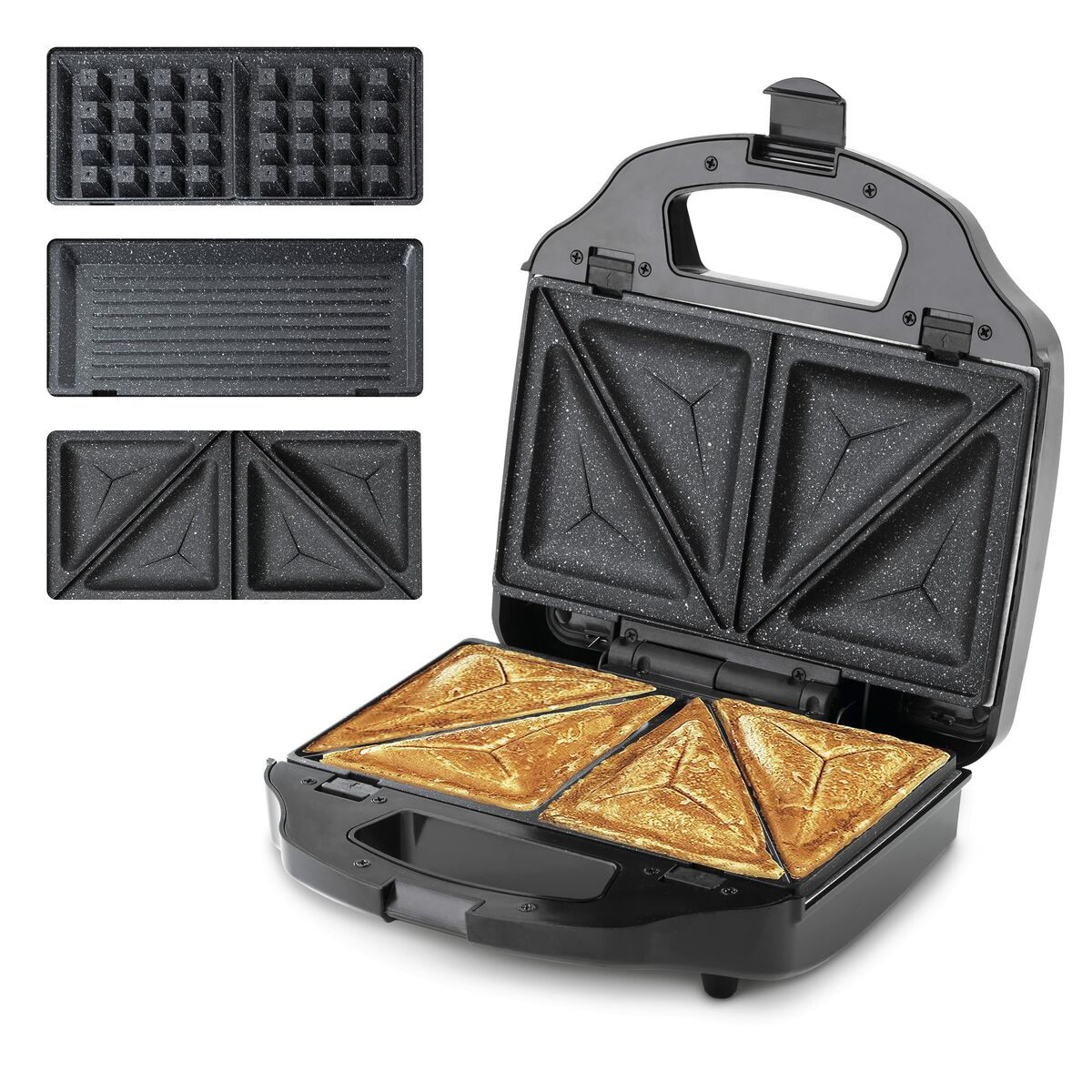 Sandwichera abierta con múltiples placas, mostrando sándwiches y placas de gofres.