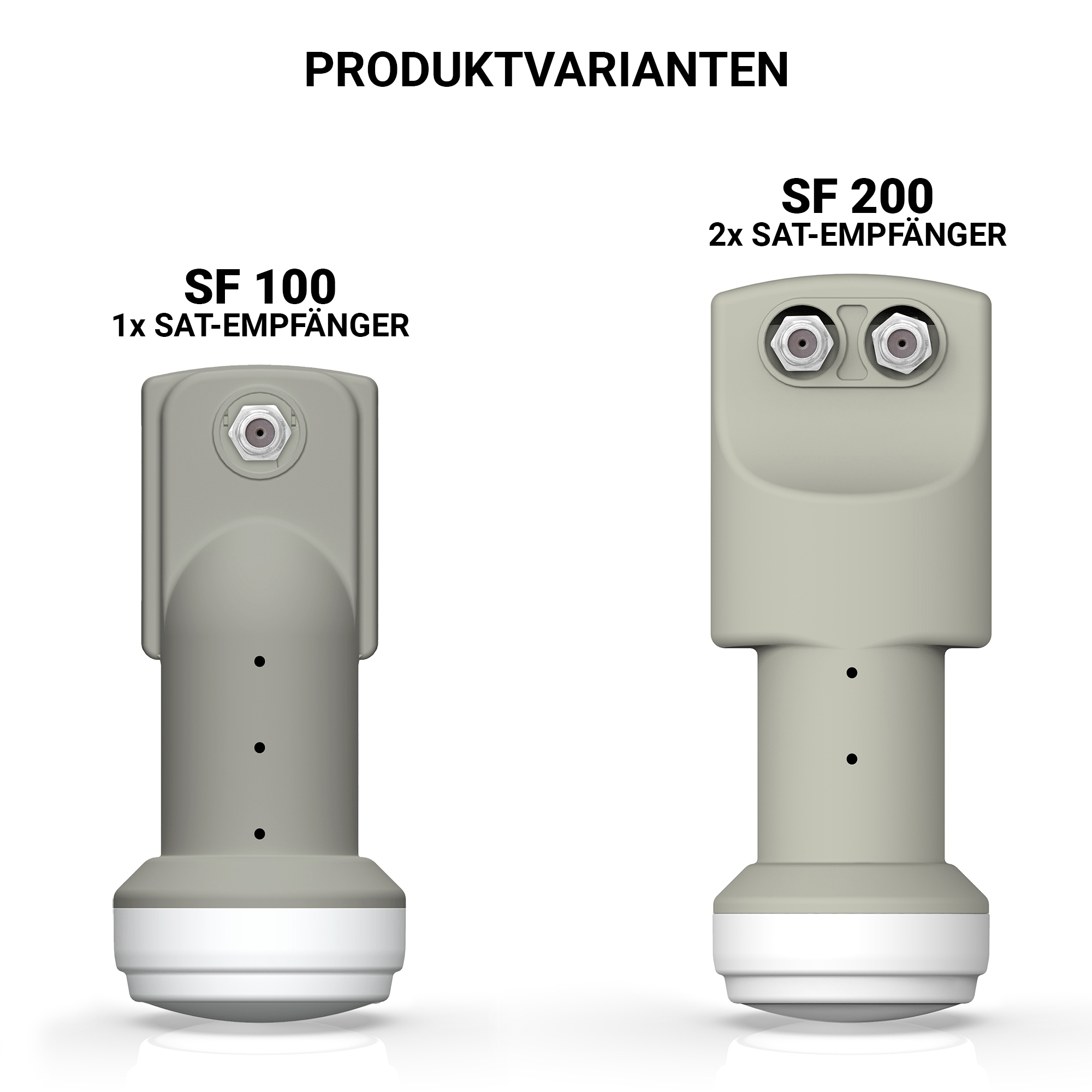 Zwei Satellitenempfänger, beschriftet SF 100 und SF 200, vor weißem Hintergrund.