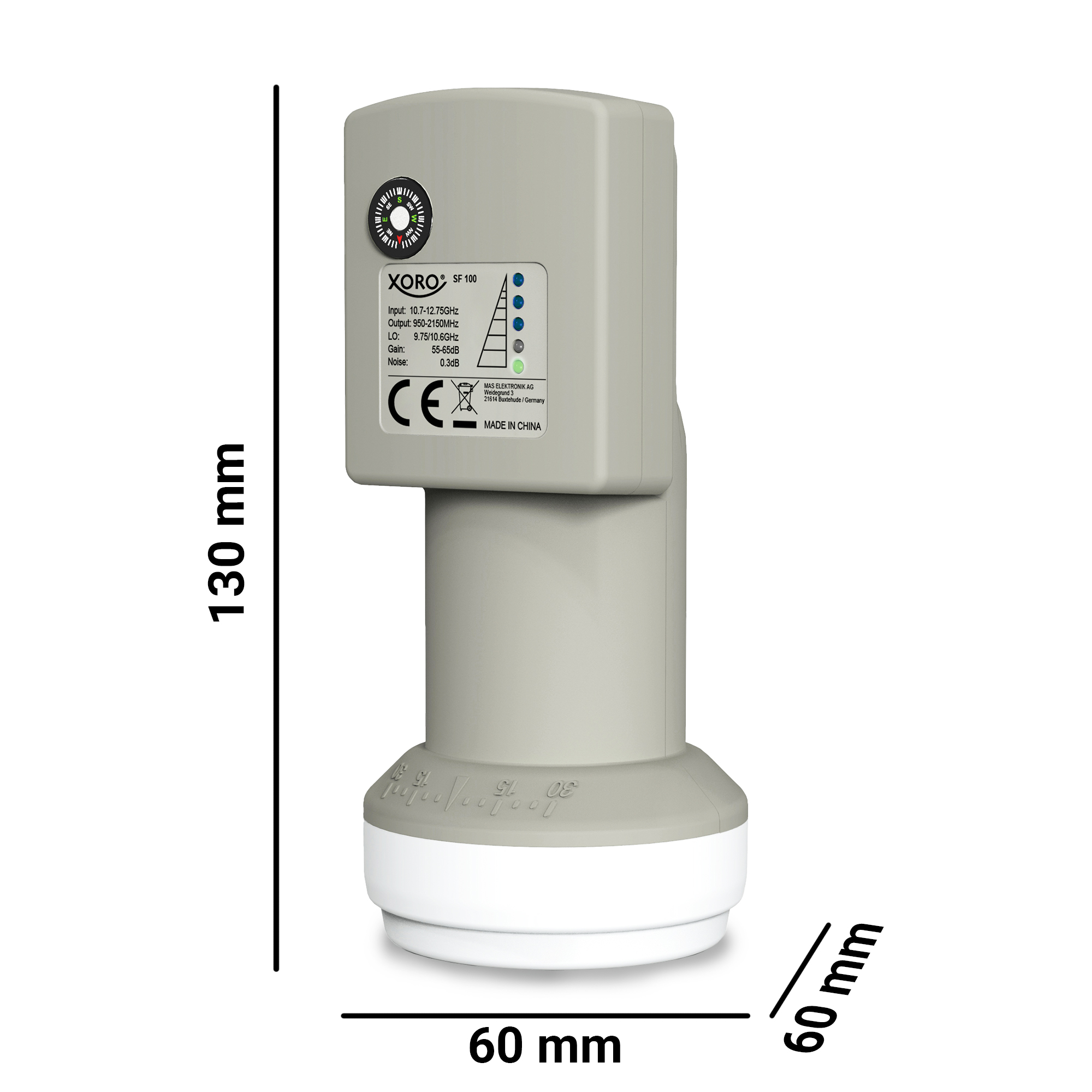 Grauer Xoro SF 100 LNB mit den Maßen 130 mm x 60 mm. Text auf der Seite.