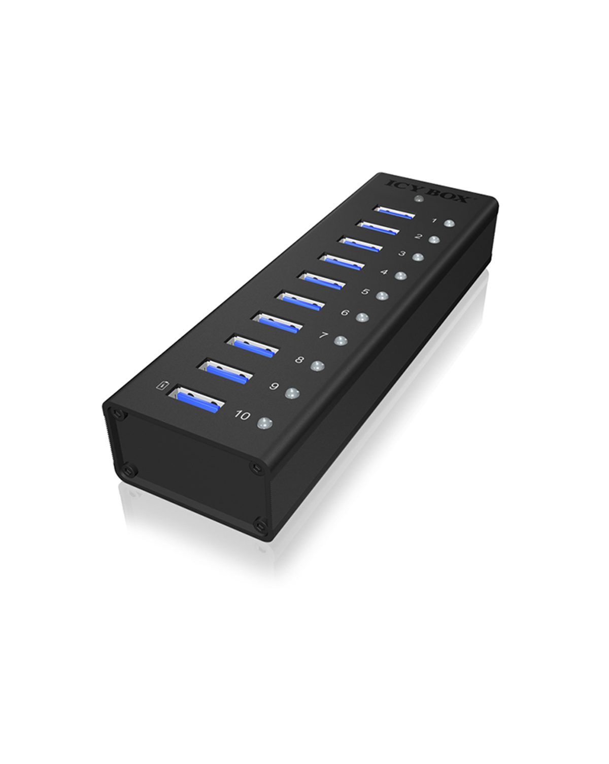 Ein schwarzer USB-Hub mit 10 Ports, nummeriert und mit blauen Lichtern.