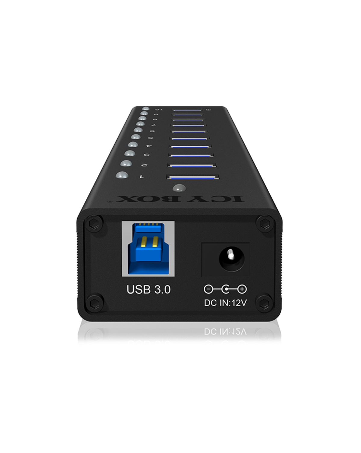 Schwarzer USB 3.0-Hub mit mehreren Anschlüssen und einem DC IN 12V-Anschluss und einem USB 3.0-Anschluss.