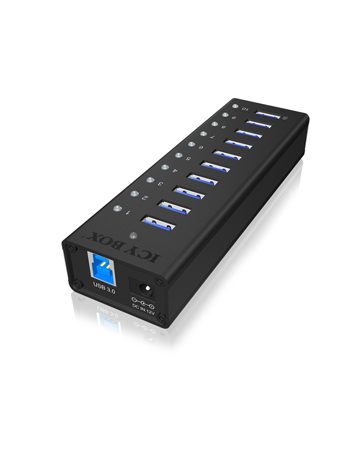 Schwarzer USB 3.0-Hub mit mehreren Anschlüssen, beschriftet 'ICYBOX'.