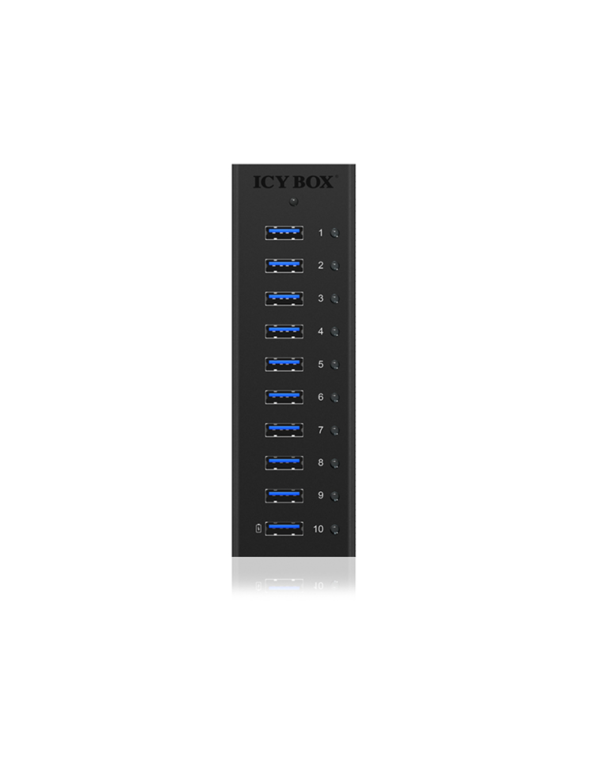 Ein schwarzer ICY BOX USB-Hub mit zehn USB-Anschlüssen, vertikal angeordnet. Der Hintergrund ist weiß.
