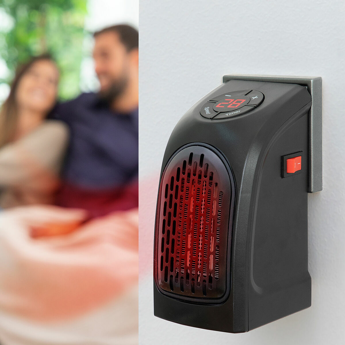 Un calefactor de pared negro con calefacción roja y una pareja. Fondo blanco.