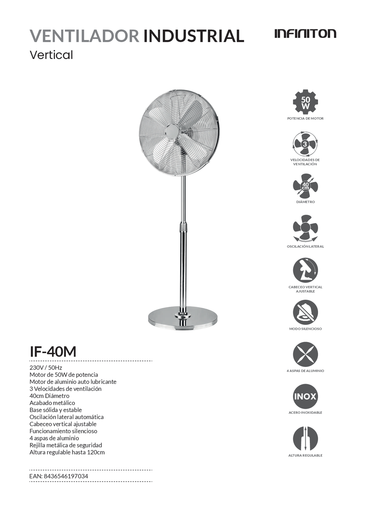 Ventilador industrial de pie con acabado plateado, base redonda y rejilla de malla.