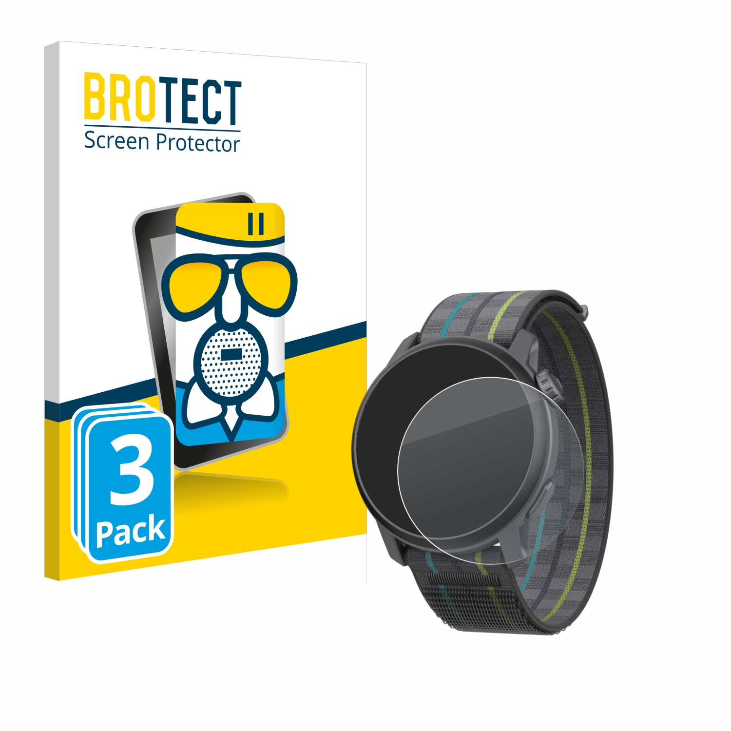 Displayschutzbox und Uhr. Box zeigt ein Telefon mit Brille. Uhr hat ein Armband. Schutz ist für die Uhr.