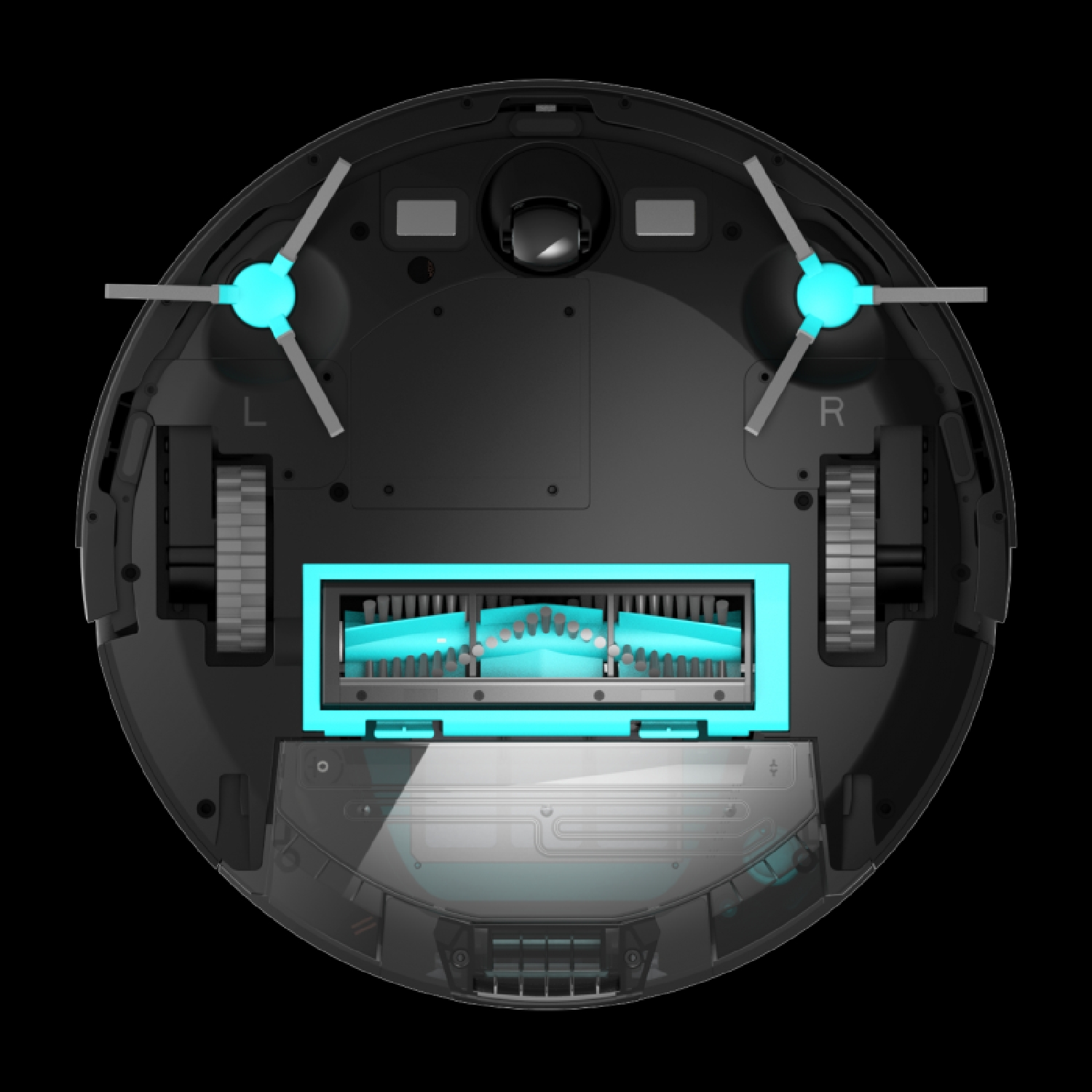 La vista inferior de una aspiradora robot negra con dos cepillos y un cepillo central, sobre un fondo negro.